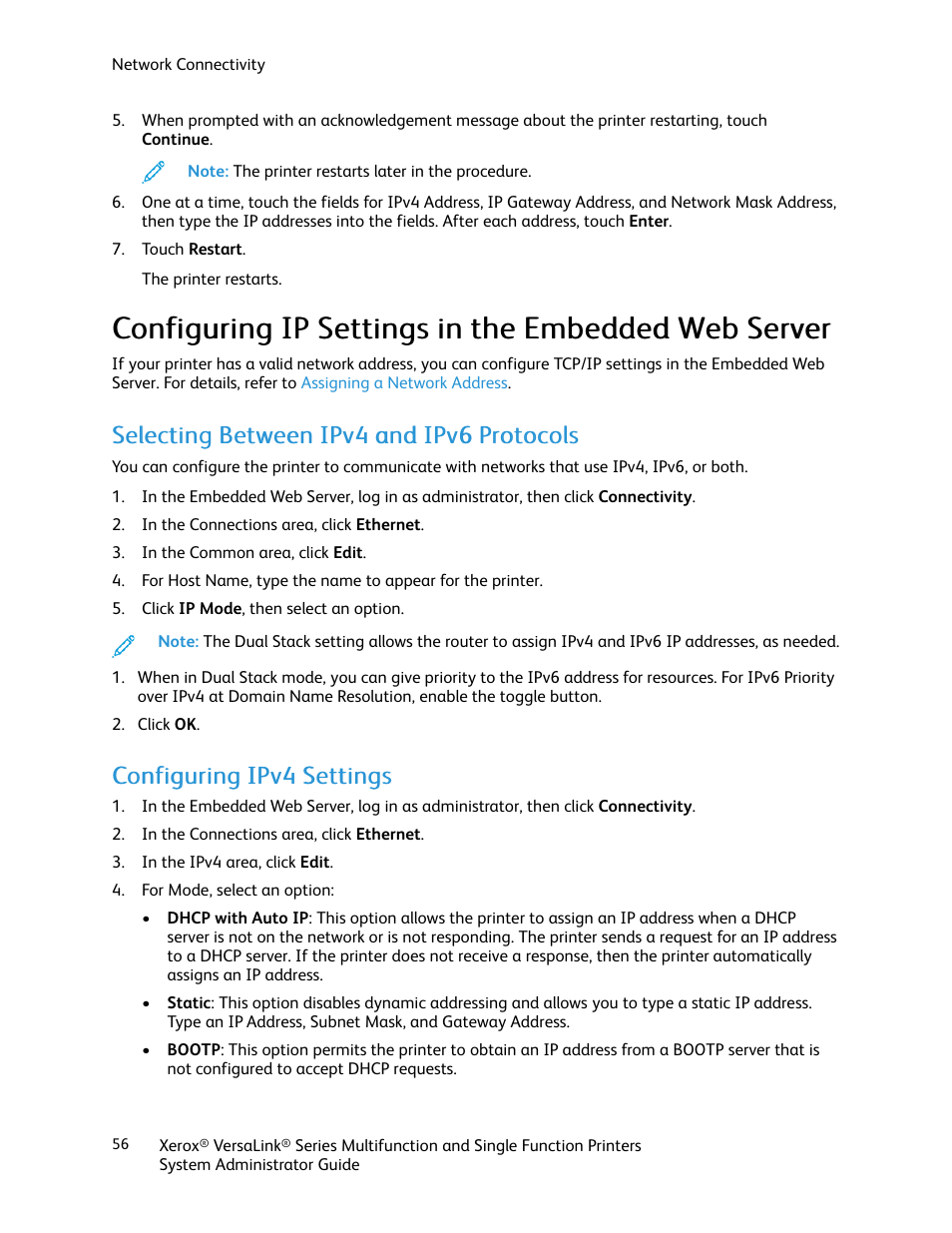 Configuring ip settings in the embedded web server, Selecting between ipv4 and ipv6 protocols, Configuring ipv4 settings | Xerox VersaLink C500/DN Color Laser Printer User Manual | Page 56 / 204