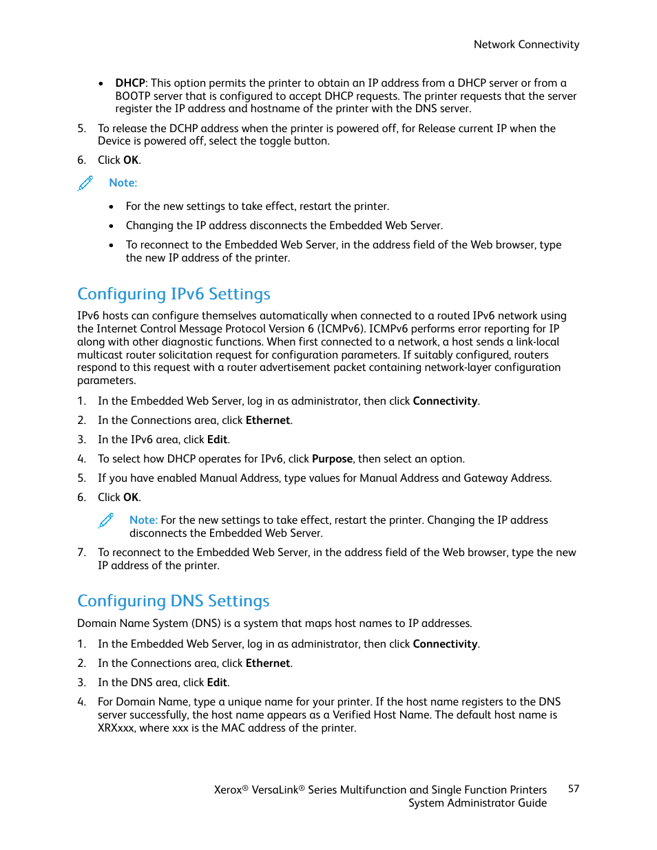 Configuring ipv6 settings, Configuring dns settings, Configuring | Dns settings | Xerox VersaLink C500/DN Color Laser Printer User Manual | Page 57 / 204