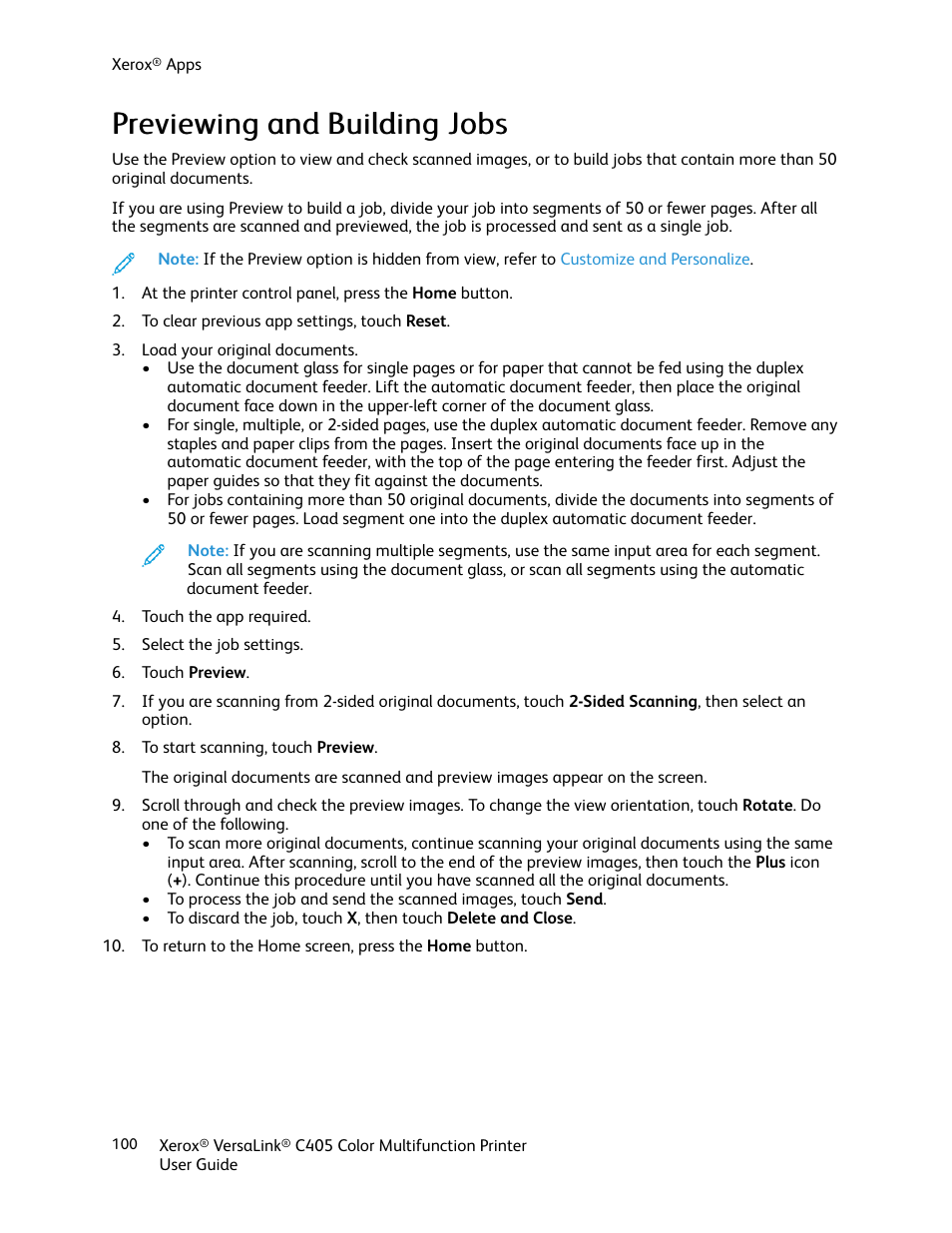Previewing and building jobs | Xerox VersaLink C405/DN All-in-One Color Laser Printer User Manual | Page 100 / 271