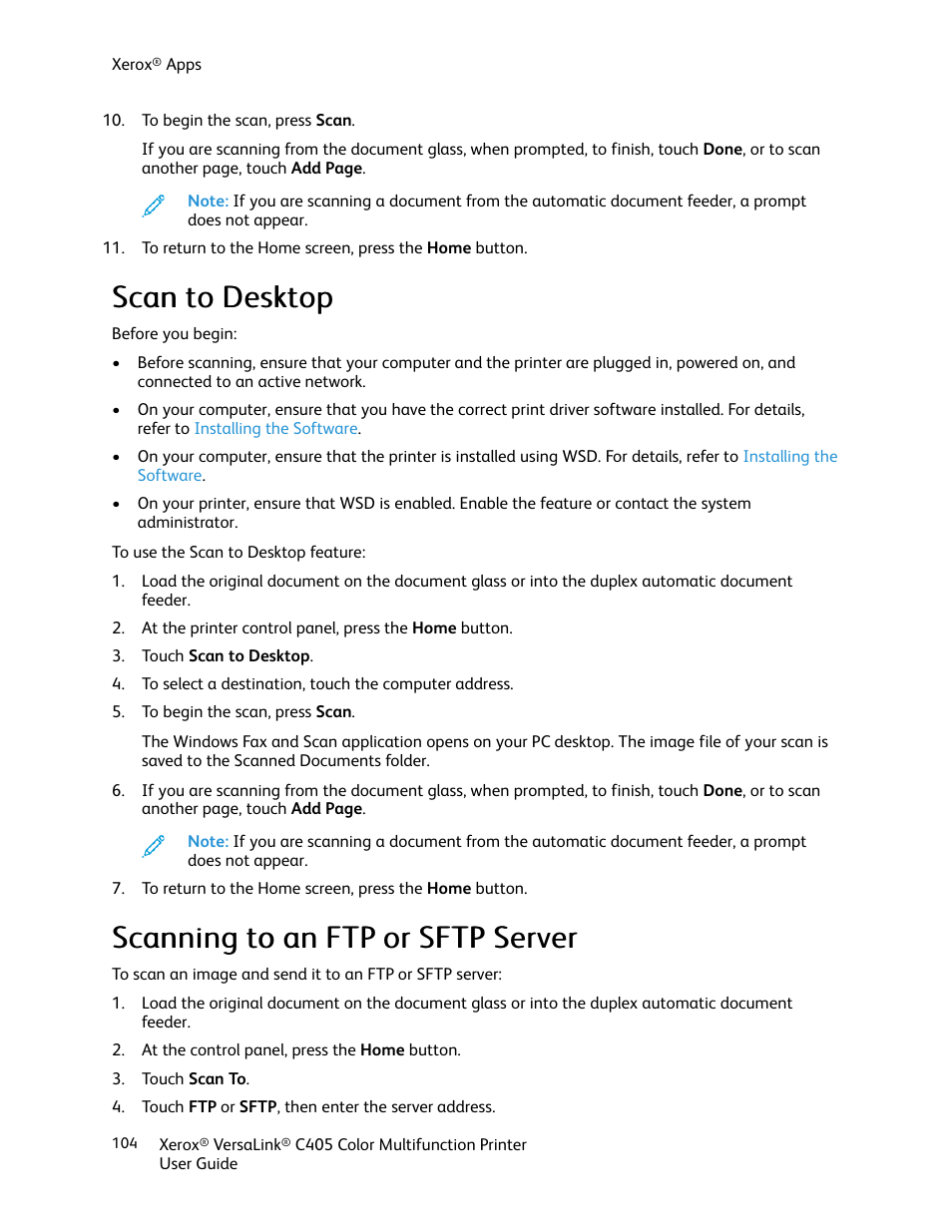 Scan to desktop, Scanning to an ftp or sftp server, Scan to desktop scanning to an ftp or sftp server | Ssccaann ttoo d deesskkttoopp | Xerox VersaLink C405/DN All-in-One Color Laser Printer User Manual | Page 104 / 271