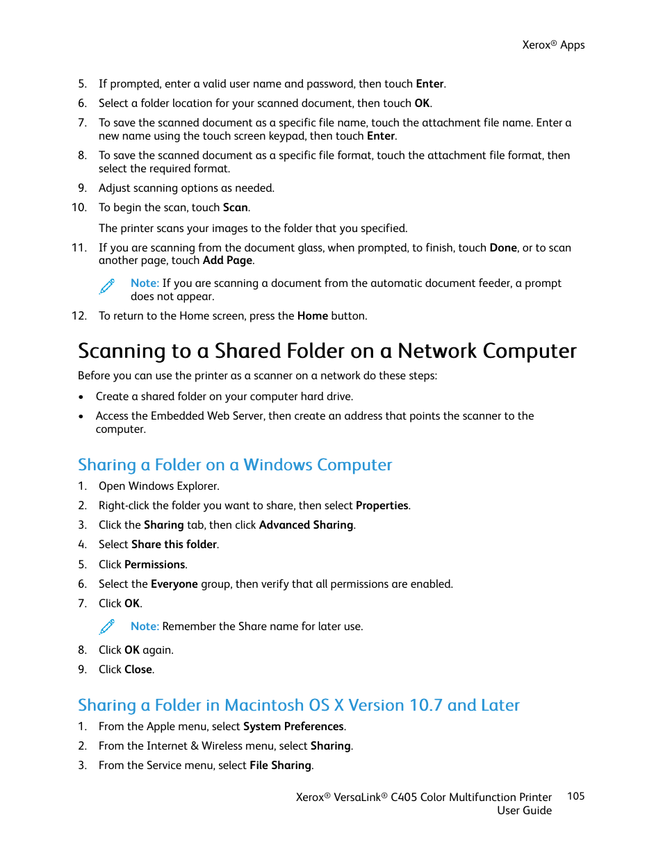 Scanning to a shared folder on a network computer, Sharing a folder on a windows computer | Xerox VersaLink C405/DN All-in-One Color Laser Printer User Manual | Page 105 / 271
