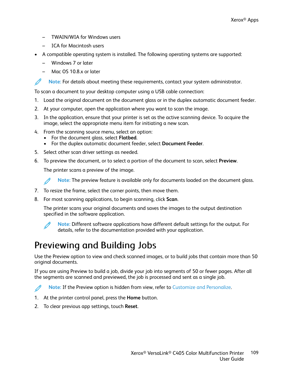 Previewing and building jobs | Xerox VersaLink C405/DN All-in-One Color Laser Printer User Manual | Page 109 / 271