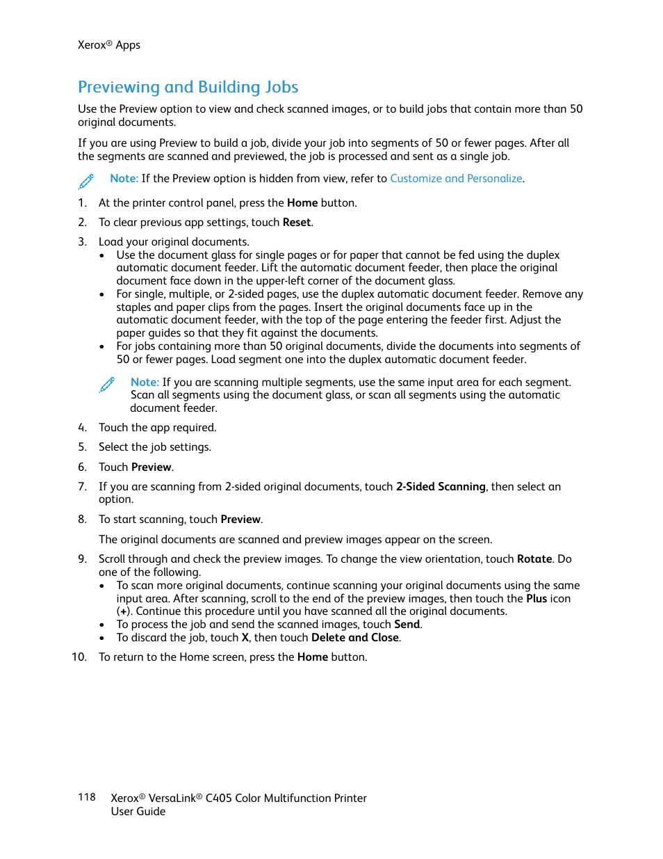 Previewing and building jobs | Xerox VersaLink C405/DN All-in-One Color Laser Printer User Manual | Page 118 / 271