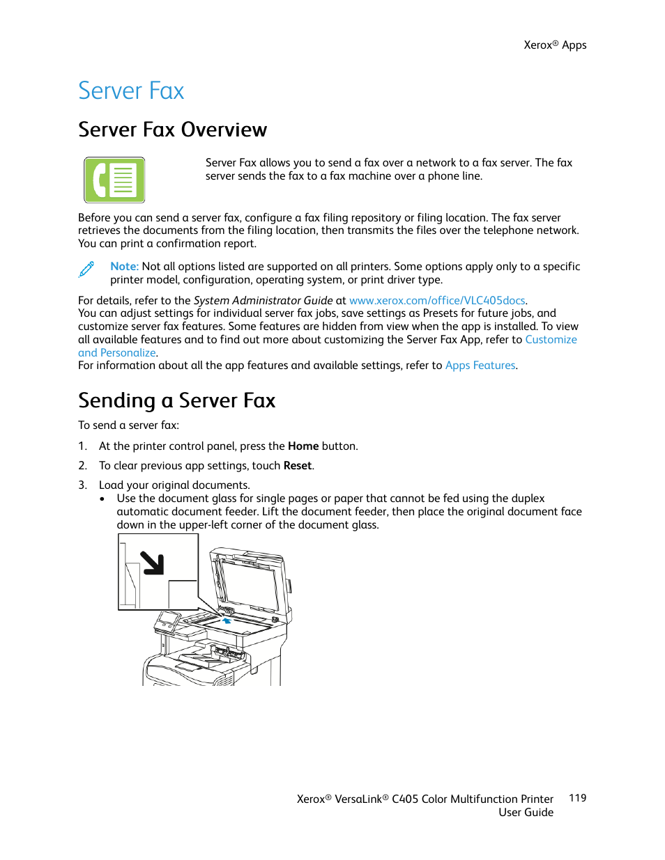 Server fax, Server fax overview, Sending a server fax | Server fax overview sending a server fax, Sseerrvveerr ffaaxx o ovveerrvviieew w, Sseennddiinngg aa sseerrvveerr ffaaxx | Xerox VersaLink C405/DN All-in-One Color Laser Printer User Manual | Page 119 / 271