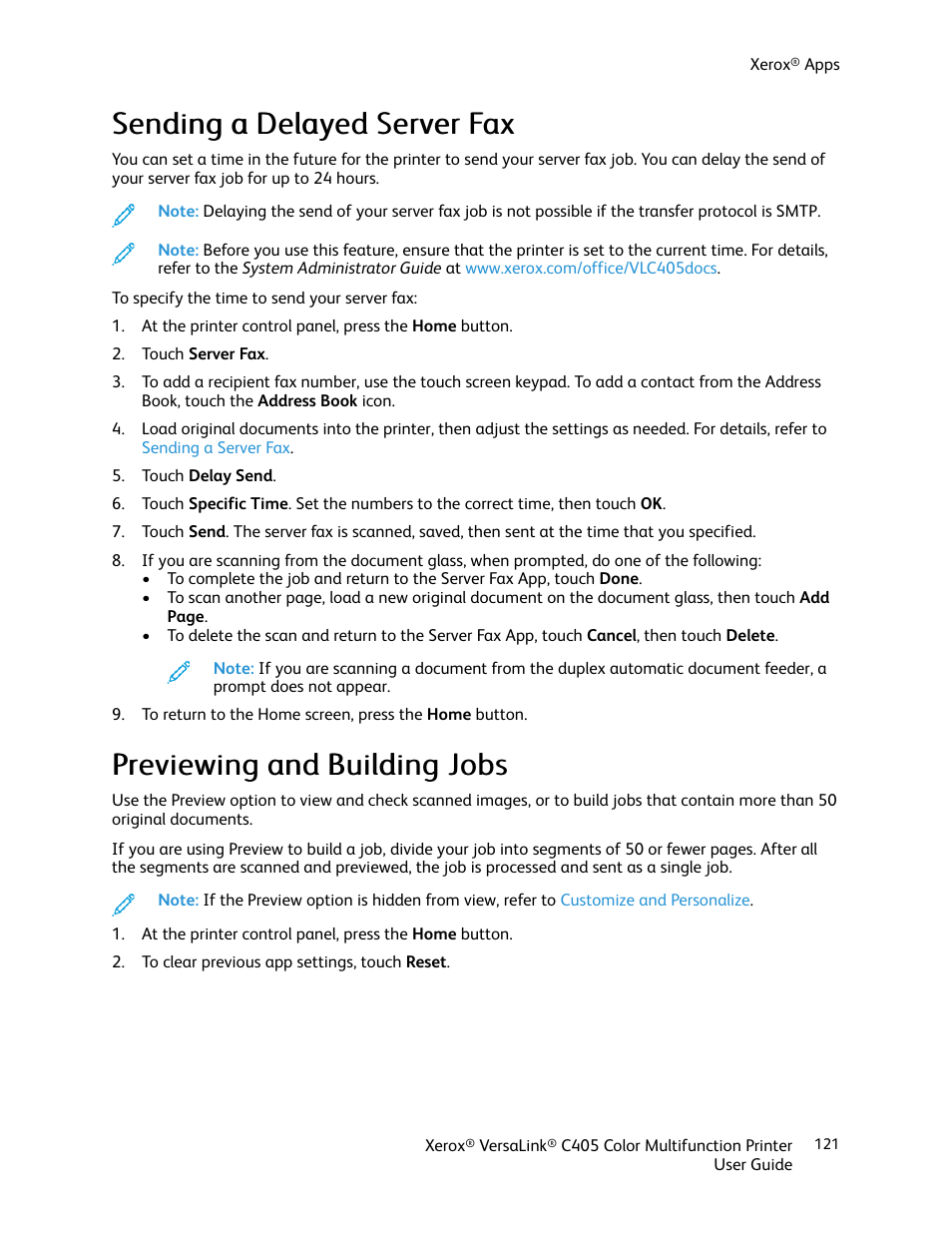 Sending a delayed server fax, Previewing and building jobs | Xerox VersaLink C405/DN All-in-One Color Laser Printer User Manual | Page 121 / 271