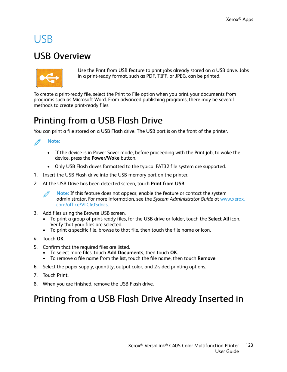 Usb overview, Printing from a usb flash drive, Uussb b o ovveerrvviieew w | Xerox VersaLink C405/DN All-in-One Color Laser Printer User Manual | Page 123 / 271