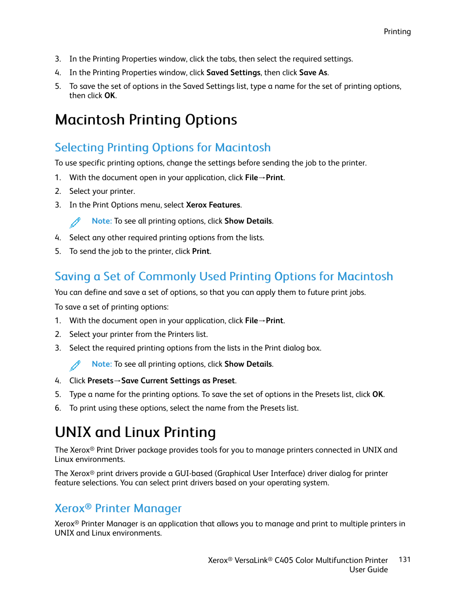 Macintosh printing options, Selecting printing options for macintosh, Unix and linux printing | Xerox® printer manager, Macintosh printing options unix and linux printing, Uun niixx aanndd lliinnuuxx pprriinnttiinngg, Xxeerrooxx, Pprriinntteerr m maannaaggeerr | Xerox VersaLink C405/DN All-in-One Color Laser Printer User Manual | Page 131 / 271