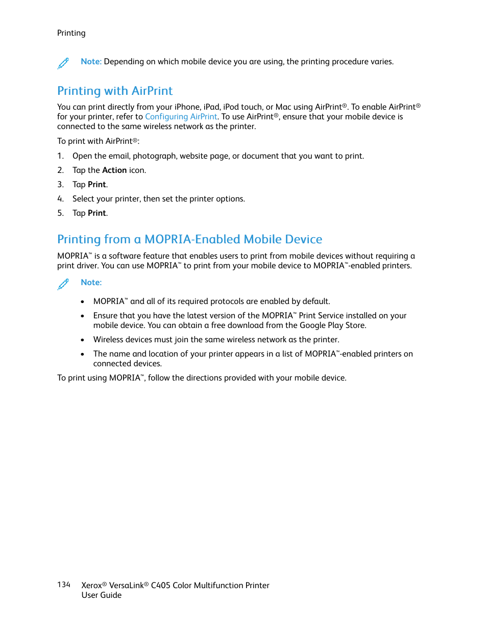 Printing with airprint, Printing from a mopria-enabled mobile device, Pprriinnttiinngg w wiitthh a aiirrpprriinntt | Xerox VersaLink C405/DN All-in-One Color Laser Printer User Manual | Page 134 / 271