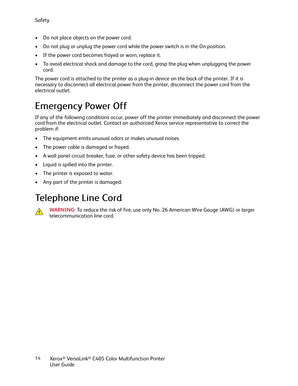 Emergency power off, Telephone line cord, Emergency power off telephone line cord | Tteelleepphhoonnee lliinnee c coorrdd | Xerox VersaLink C405/DN All-in-One Color Laser Printer User Manual | Page 14 / 271