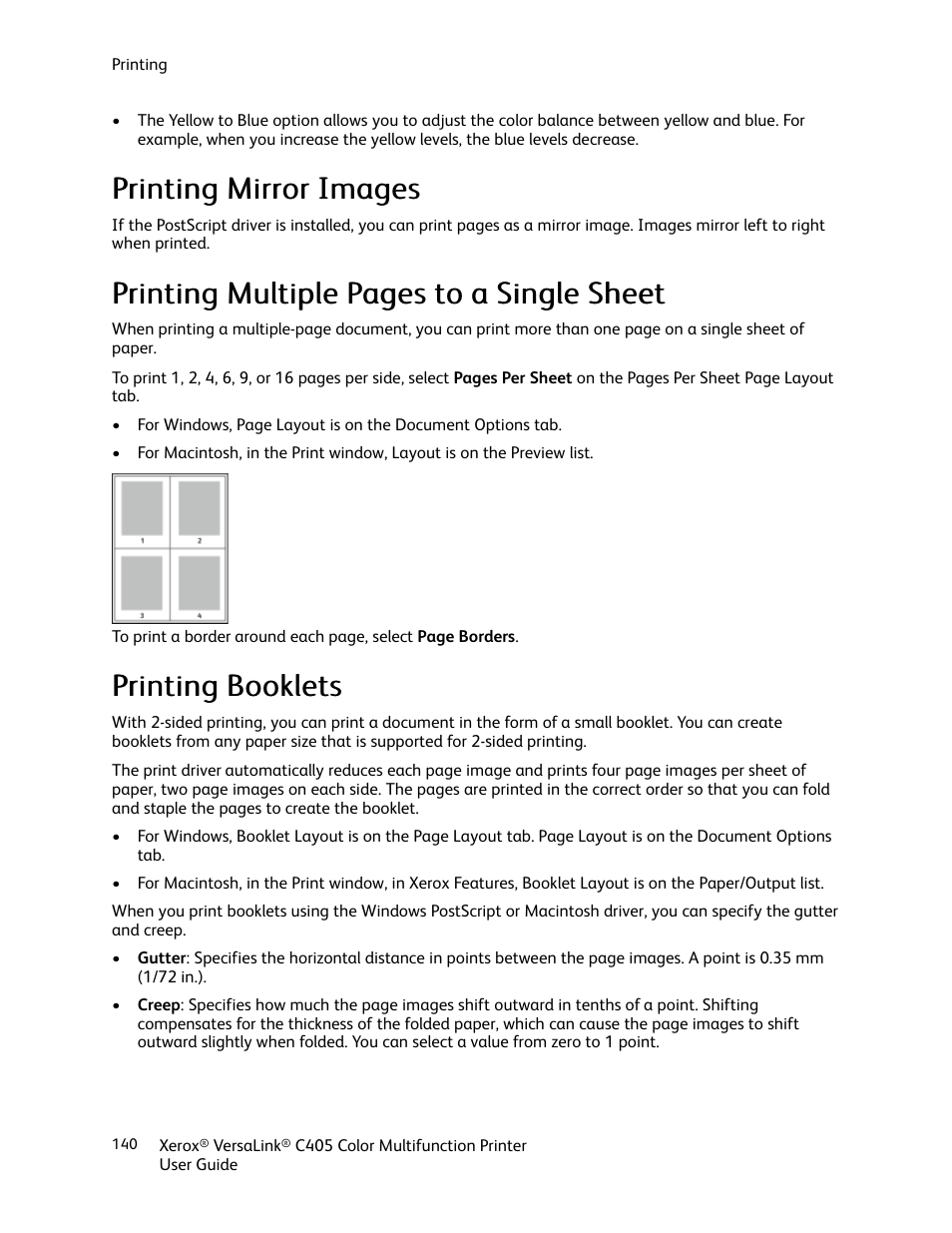 Printing mirror images, Printing booklets | Xerox VersaLink C405/DN All-in-One Color Laser Printer User Manual | Page 140 / 271