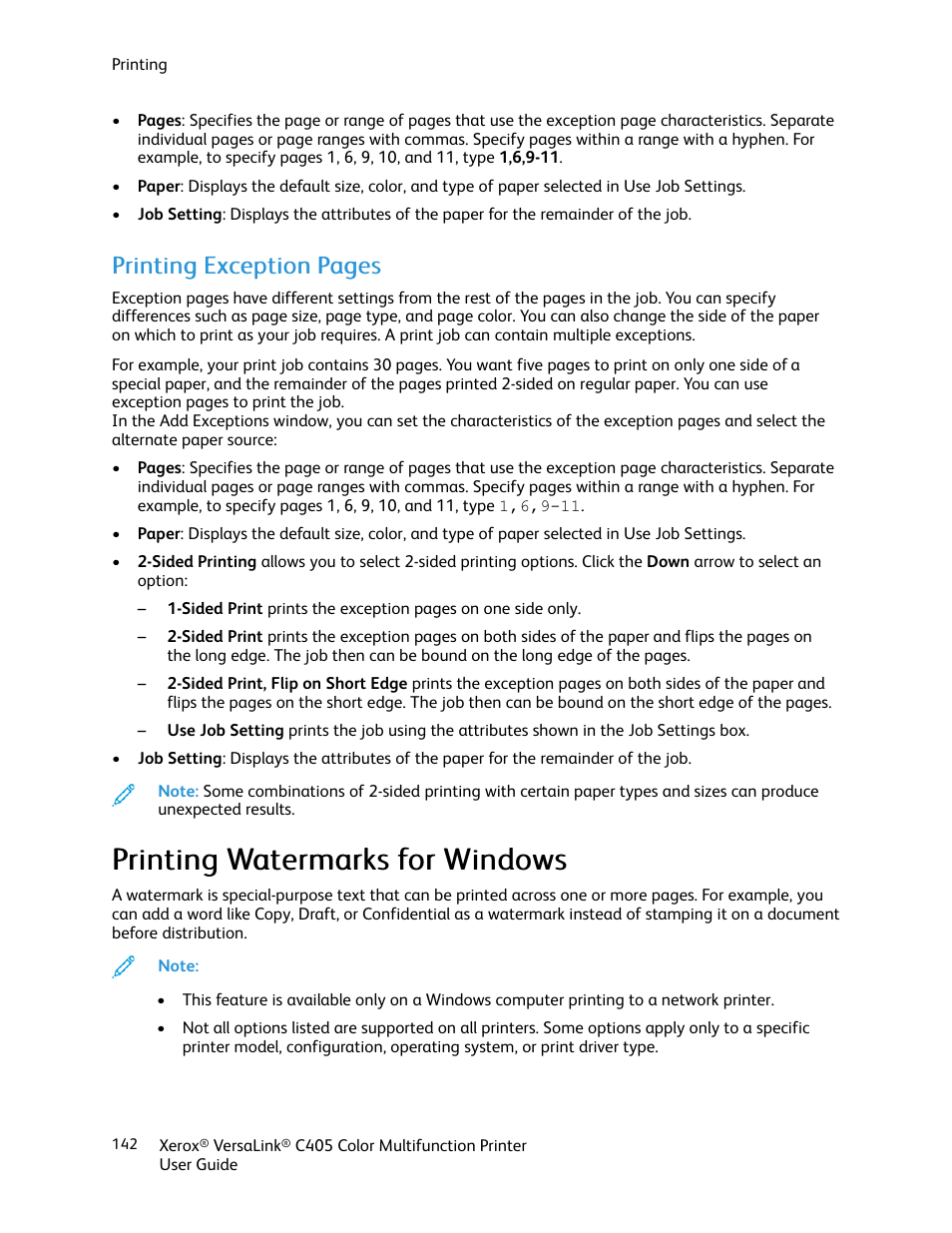 Printing watermarks for windows, Pprriinnttiinngg eexxcceeppttiioonn ppaaggeess | Xerox VersaLink C405/DN All-in-One Color Laser Printer User Manual | Page 142 / 271