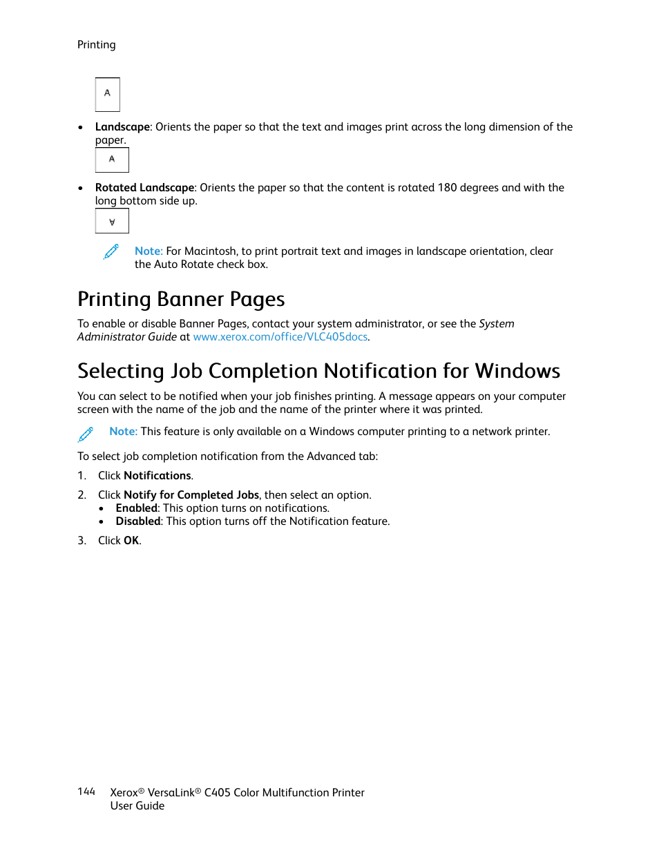 Selecting job completion notification for windows | Xerox VersaLink C405/DN All-in-One Color Laser Printer User Manual | Page 144 / 271