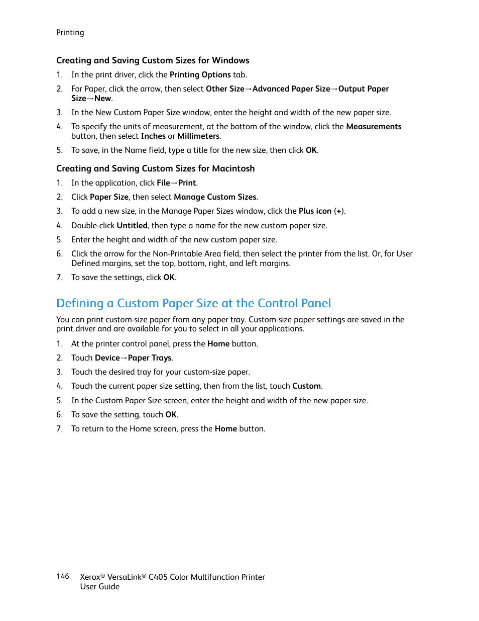 Creating and saving custom sizes for windows, Creating and saving custom sizes for macintosh, Defining a custom paper size at the control panel | Xerox VersaLink C405/DN All-in-One Color Laser Printer User Manual | Page 146 / 271