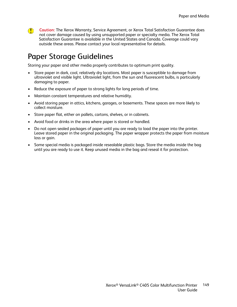 Paper storage guidelines, Ppaappeerr ssttoorraaggee g guuiiddeelliinneess | Xerox VersaLink C405/DN All-in-One Color Laser Printer User Manual | Page 149 / 271