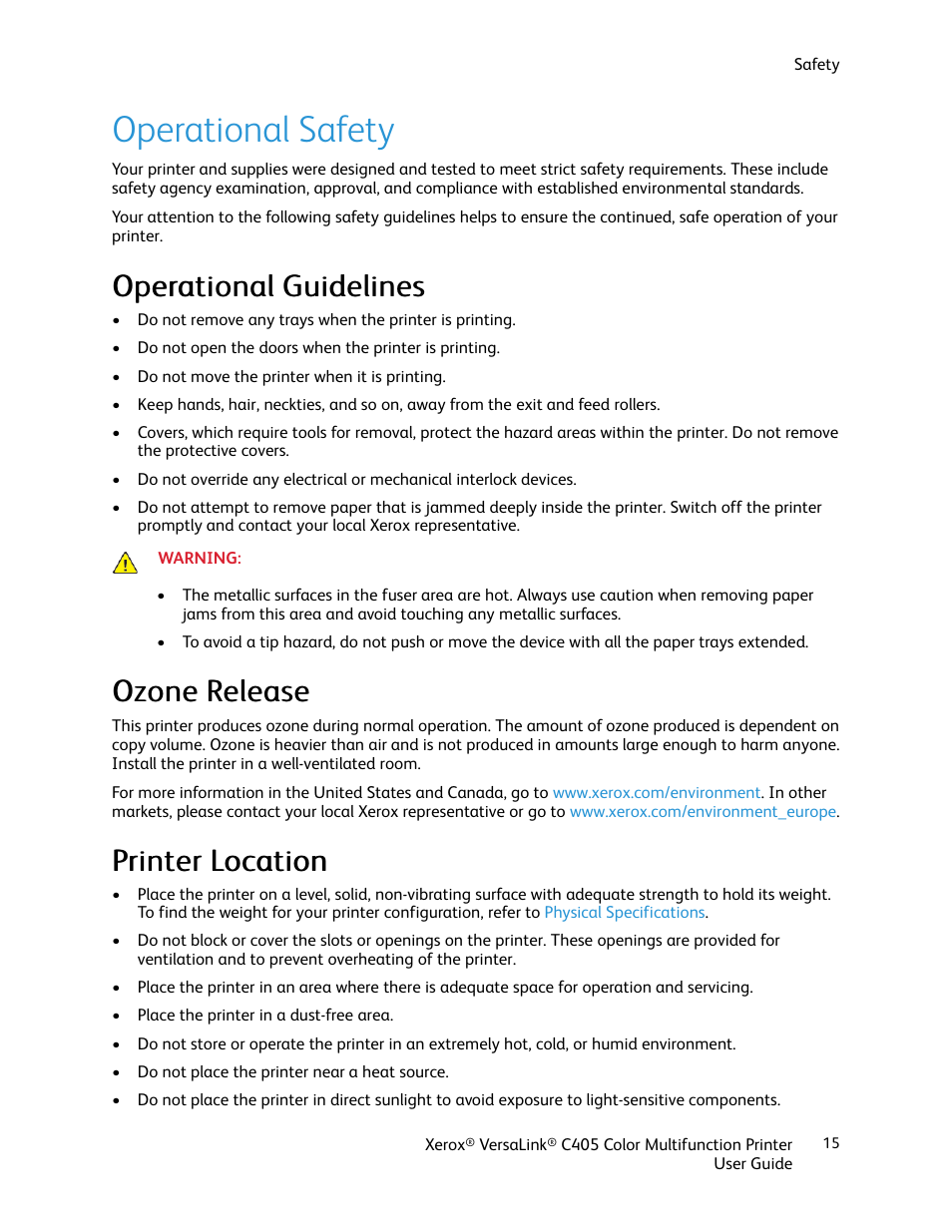 Operational safety, Operational guidelines, Ozone release | Printer location, Ooppeerraattiioonnaall g guuiiddeelliinneess, Oozzoonnee rreelleeaassee, Pprriinntteerr llooccaattiioonn | Xerox VersaLink C405/DN All-in-One Color Laser Printer User Manual | Page 15 / 271