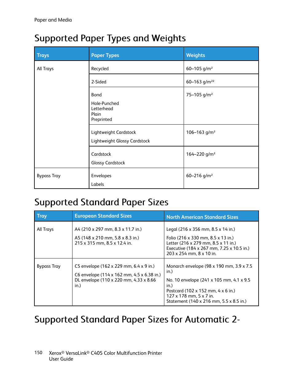 Supported paper types and weights, Supported standard paper sizes | Xerox VersaLink C405/DN All-in-One Color Laser Printer User Manual | Page 150 / 271