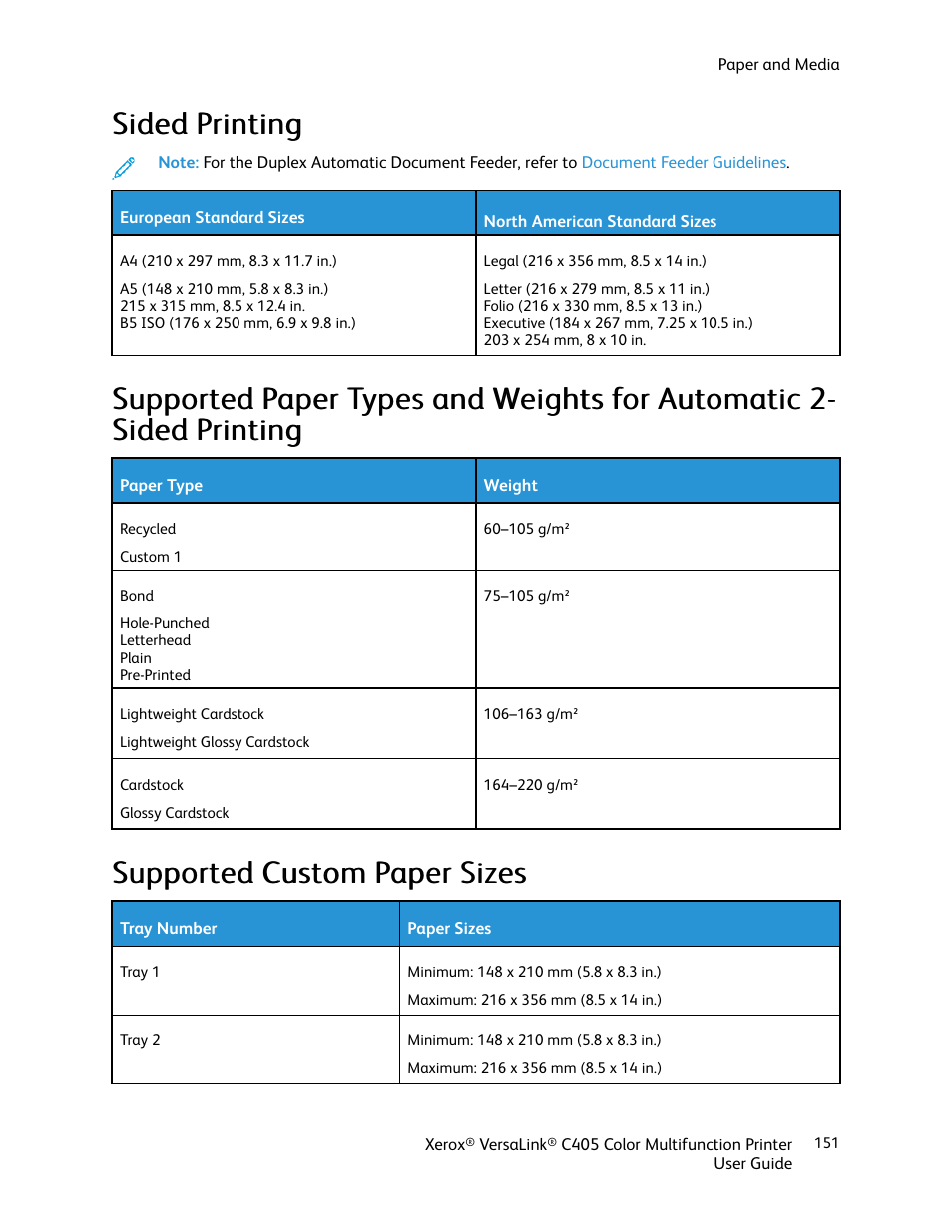 Supported custom paper sizes, Ssiiddeedd pprriinnttiinngg | Xerox VersaLink C405/DN All-in-One Color Laser Printer User Manual | Page 151 / 271