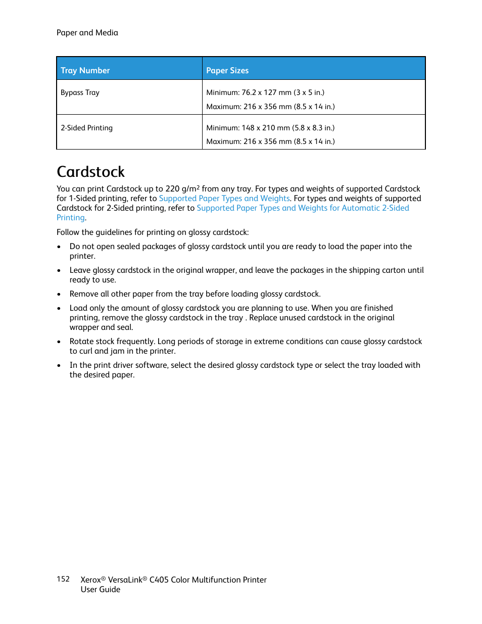 Cardstock, Ccaarrddssttoocckk | Xerox VersaLink C405/DN All-in-One Color Laser Printer User Manual | Page 152 / 271