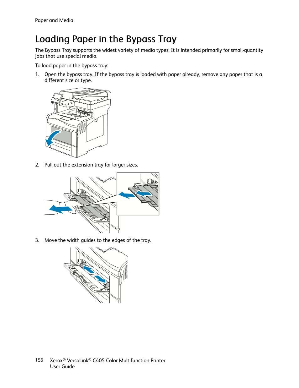 Loading paper in the bypass tray | Xerox VersaLink C405/DN All-in-One Color Laser Printer User Manual | Page 156 / 271