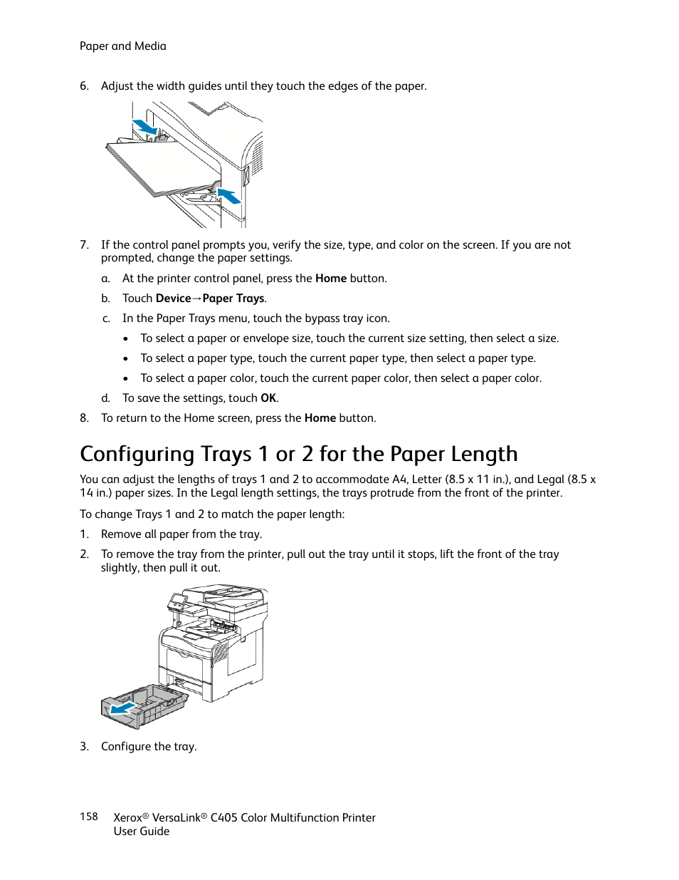 Configuring trays 1 or 2 for the paper length | Xerox VersaLink C405/DN All-in-One Color Laser Printer User Manual | Page 158 / 271