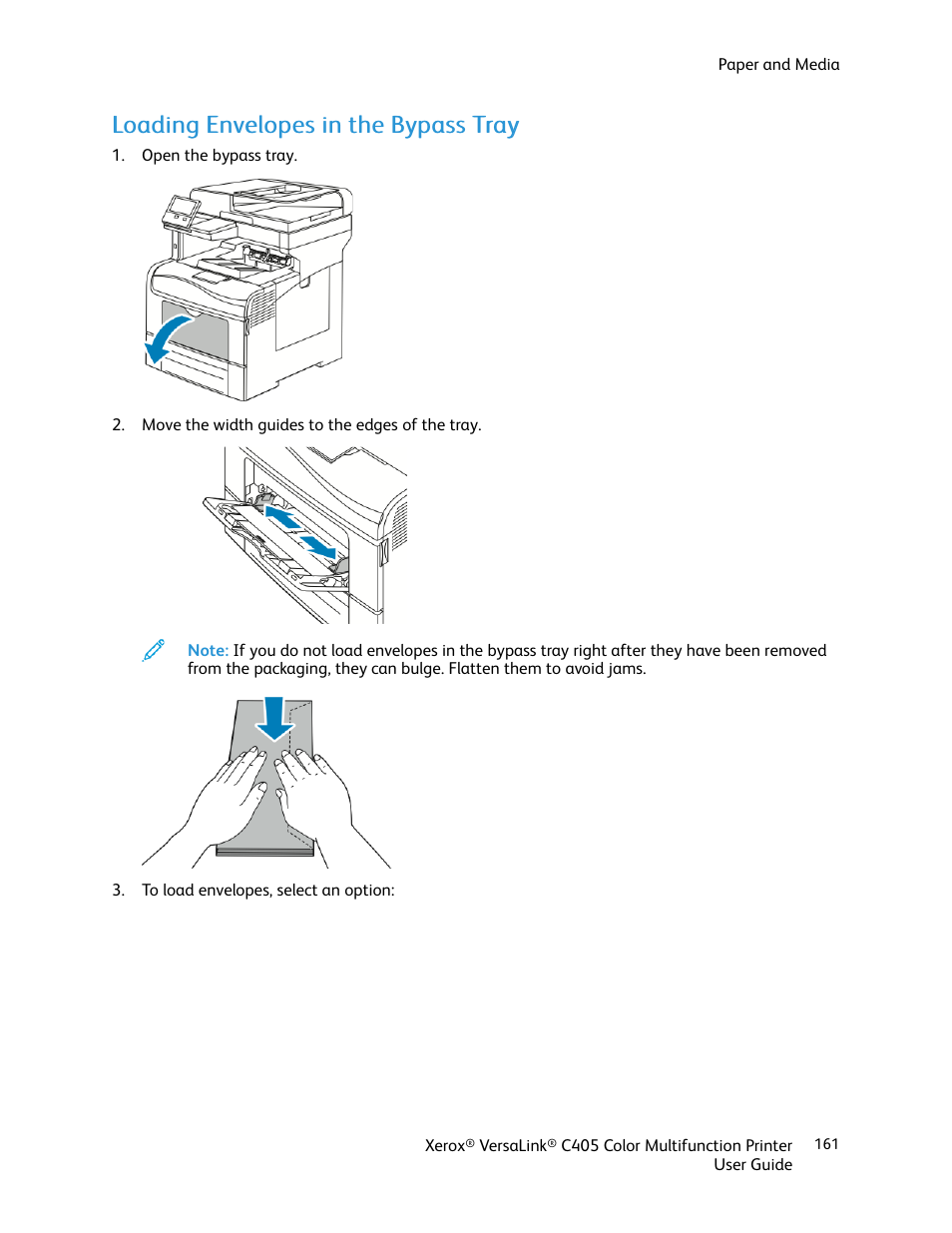 Loading envelopes in the bypass tray | Xerox VersaLink C405/DN All-in-One Color Laser Printer User Manual | Page 161 / 271