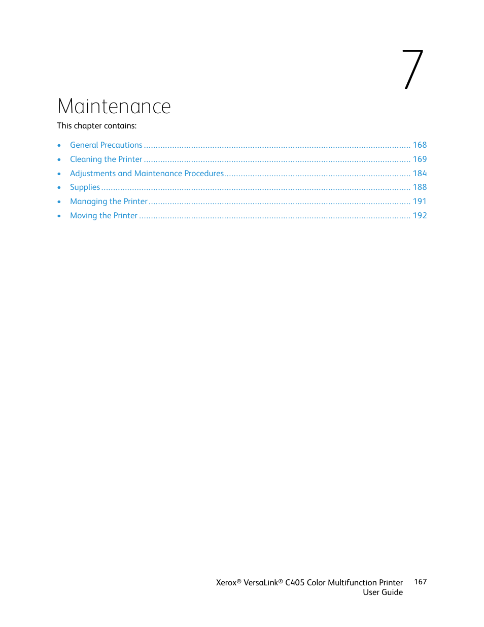 7 maintenance, Maintenance | Xerox VersaLink C405/DN All-in-One Color Laser Printer User Manual | Page 167 / 271