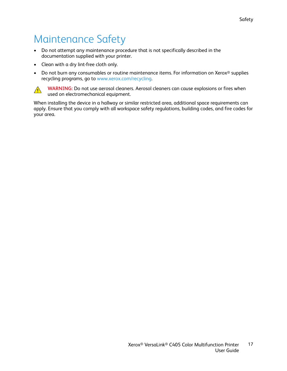 Maintenance safety | Xerox VersaLink C405/DN All-in-One Color Laser Printer User Manual | Page 17 / 271