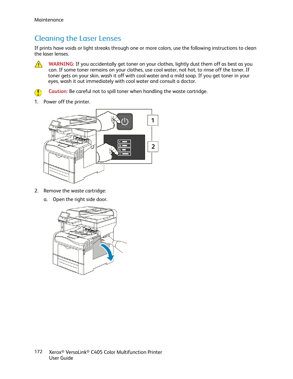 Cleaning the laser lenses, Cclleeaanniinngg tthhee llaasseerr lleennsseess | Xerox VersaLink C405/DN All-in-One Color Laser Printer User Manual | Page 172 / 271