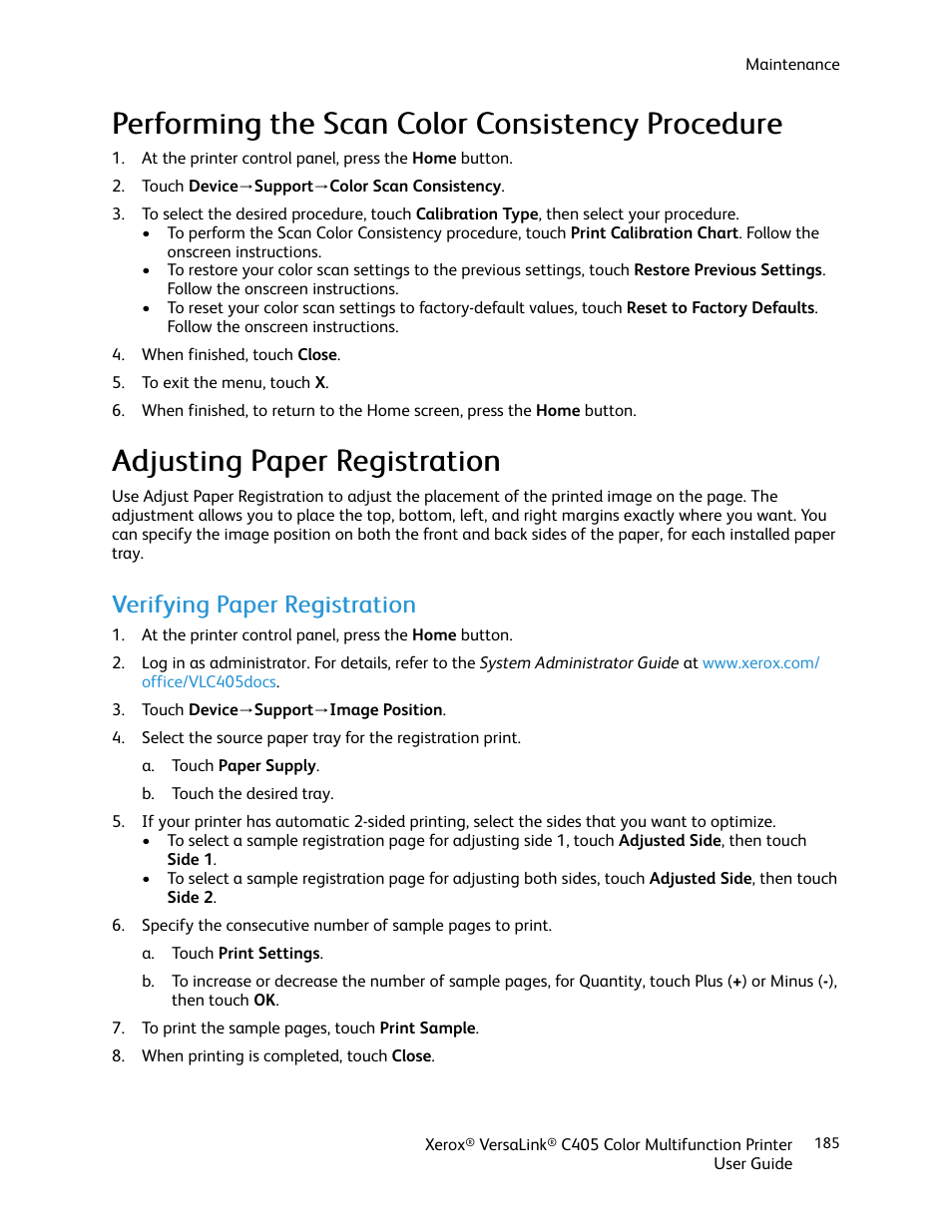 Performing the scan color consistency procedure, Adjusting paper registration, Verifying paper registration | Xerox VersaLink C405/DN All-in-One Color Laser Printer User Manual | Page 185 / 271