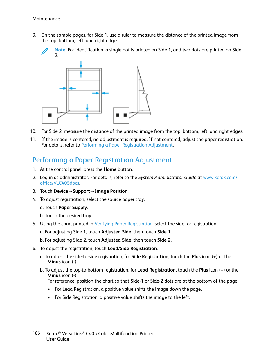 Performing a paper registration adjustment | Xerox VersaLink C405/DN All-in-One Color Laser Printer User Manual | Page 186 / 271