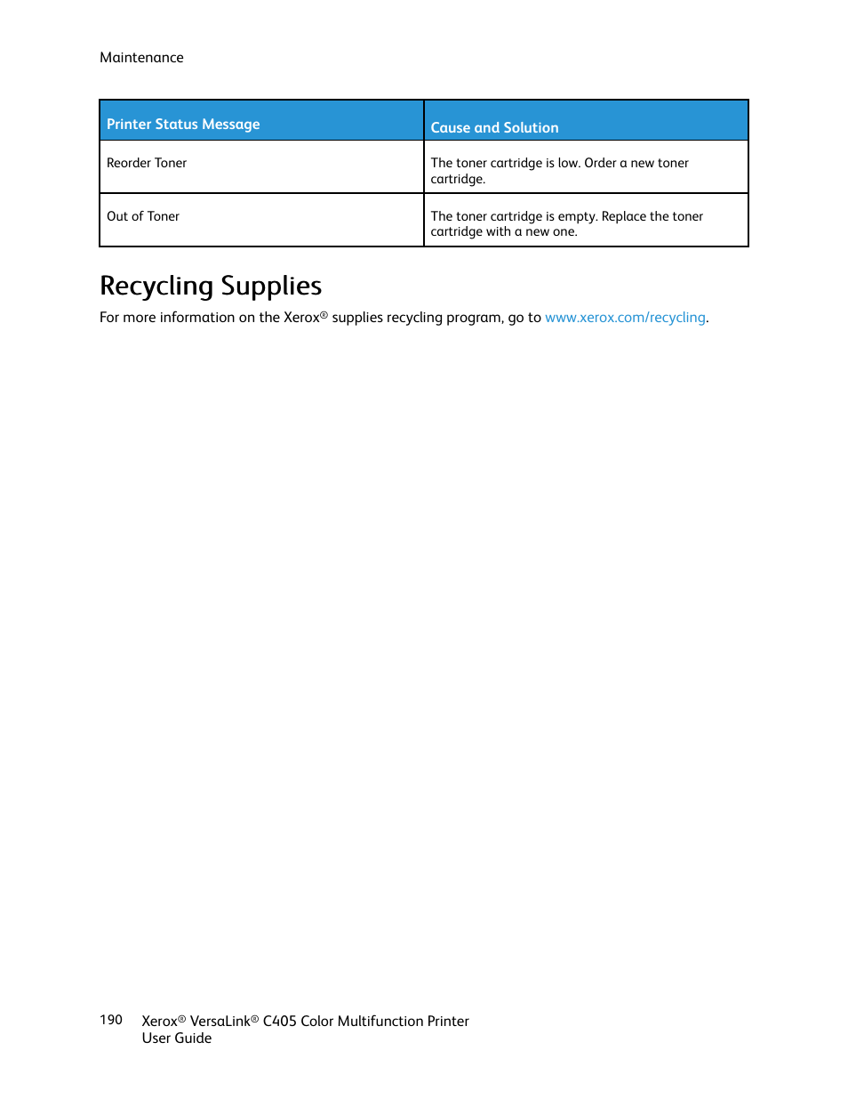 Recycling supplies | Xerox VersaLink C405/DN All-in-One Color Laser Printer User Manual | Page 190 / 271