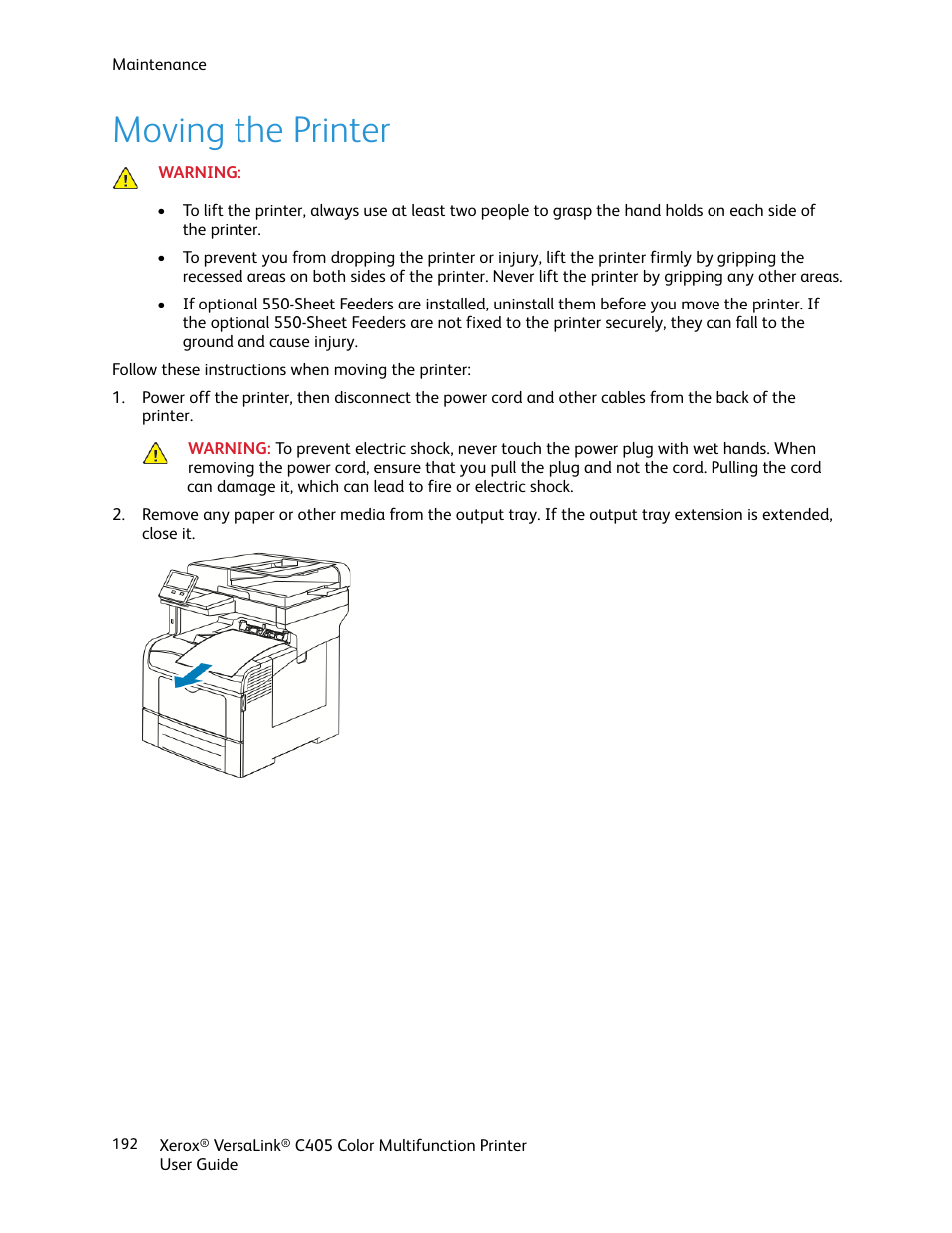 Moving the printer | Xerox VersaLink C405/DN All-in-One Color Laser Printer User Manual | Page 192 / 271