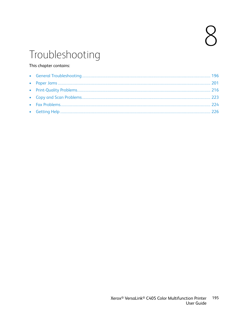 8 troubleshooting, Troubleshooting | Xerox VersaLink C405/DN All-in-One Color Laser Printer User Manual | Page 195 / 271