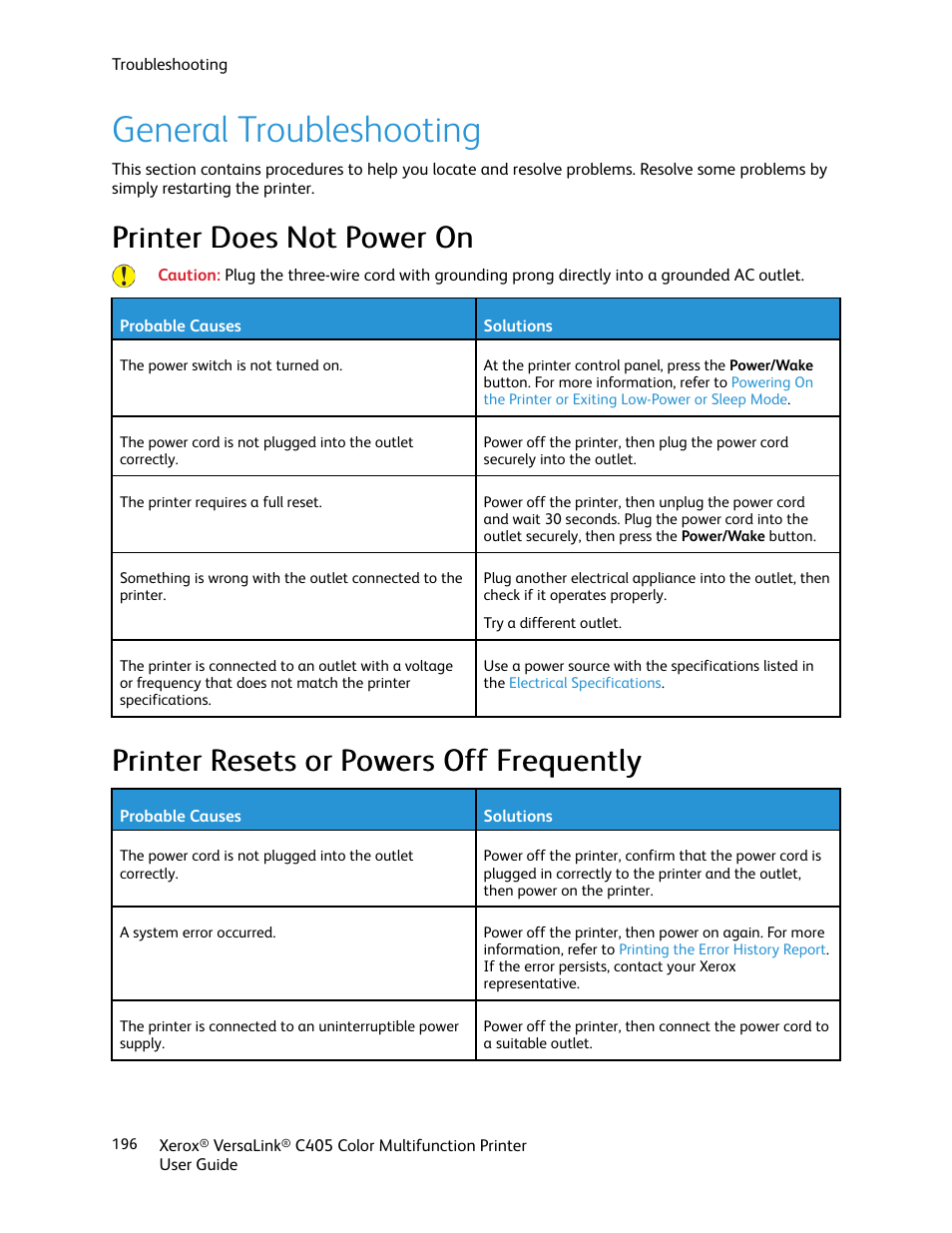 General troubleshooting, Printer does not power on, Printer resets or powers off frequently | Pprriinntteerr d dooeess n noott ppoow weerr o onn | Xerox VersaLink C405/DN All-in-One Color Laser Printer User Manual | Page 196 / 271