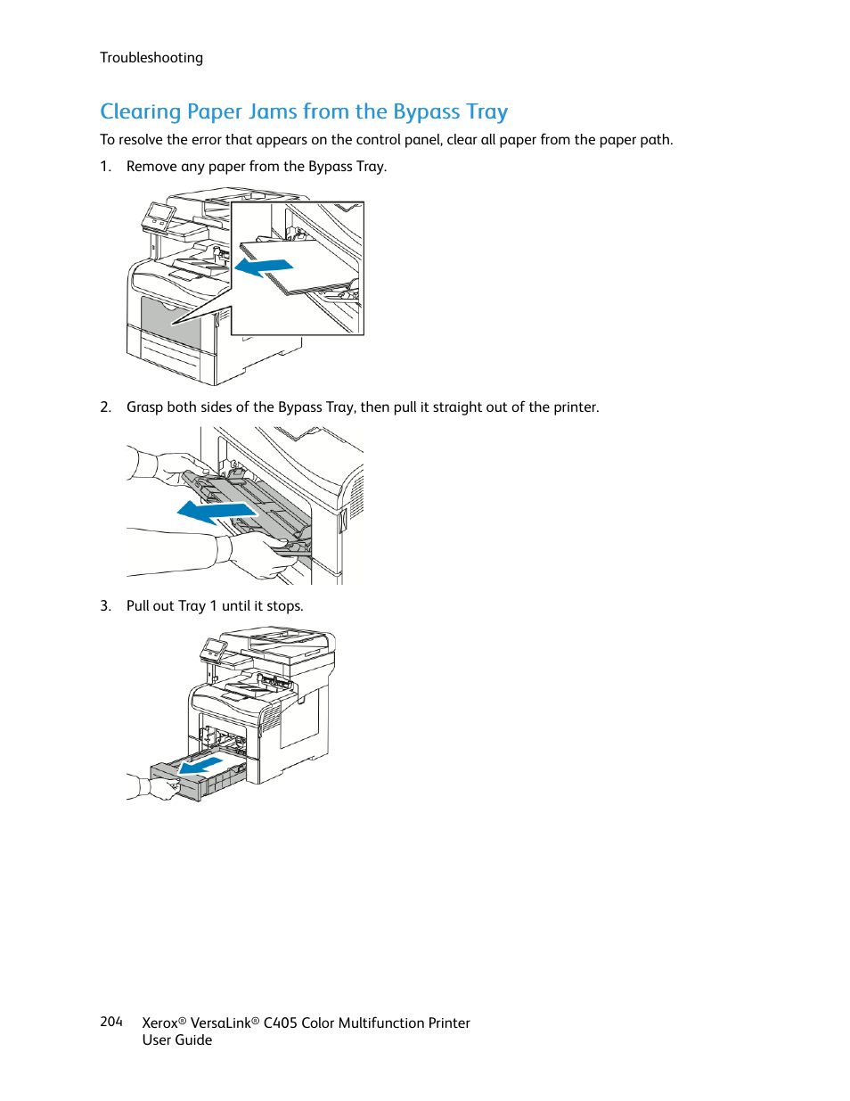 Clearing paper jams from the bypass tray | Xerox VersaLink C405/DN All-in-One Color Laser Printer User Manual | Page 204 / 271