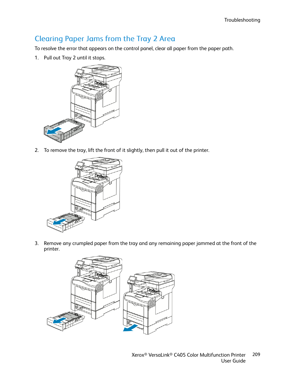 Clearing paper jams from the tray 2 area | Xerox VersaLink C405/DN All-in-One Color Laser Printer User Manual | Page 209 / 271