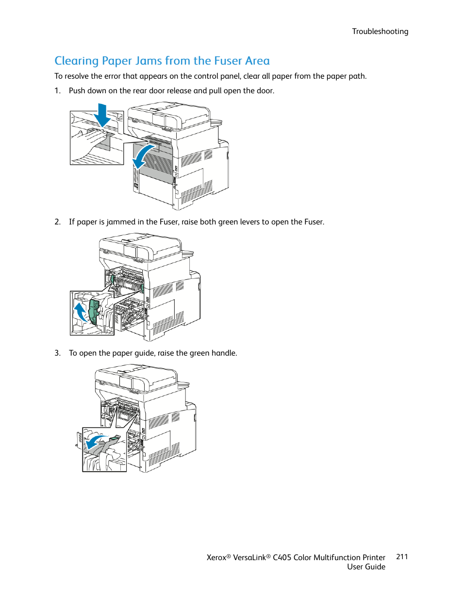 Clearing paper jams from the fuser area | Xerox VersaLink C405/DN All-in-One Color Laser Printer User Manual | Page 211 / 271