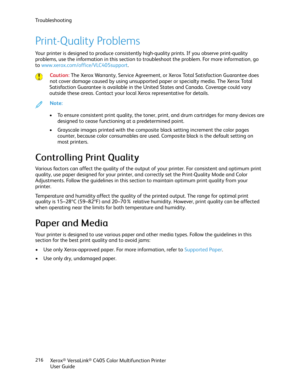 Print-quality problems, Controlling print quality, Paper and media | Controlling print quality paper and media, Ppaappeerr aanndd m meeddiiaa | Xerox VersaLink C405/DN All-in-One Color Laser Printer User Manual | Page 216 / 271