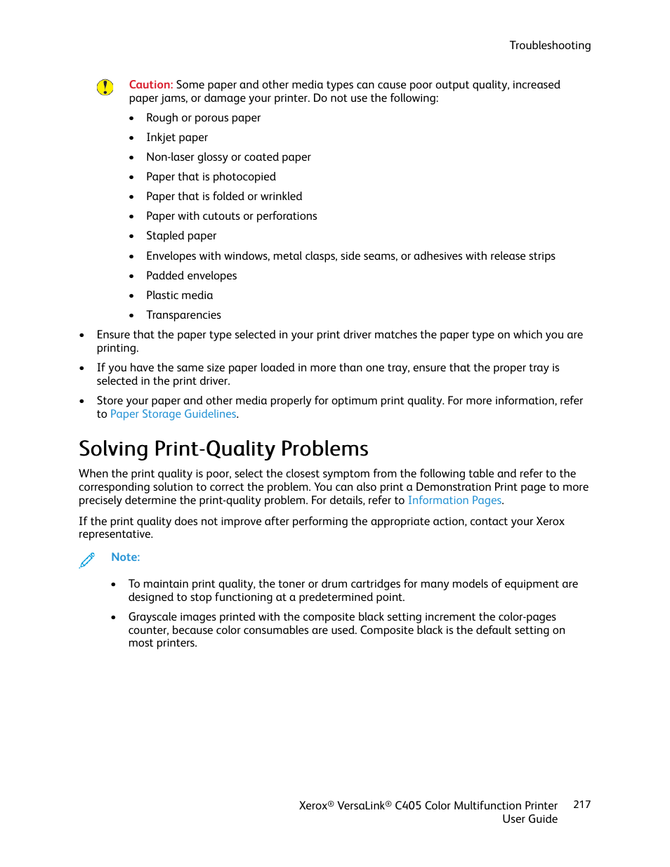 Solving print-quality problems | Xerox VersaLink C405/DN All-in-One Color Laser Printer User Manual | Page 217 / 271