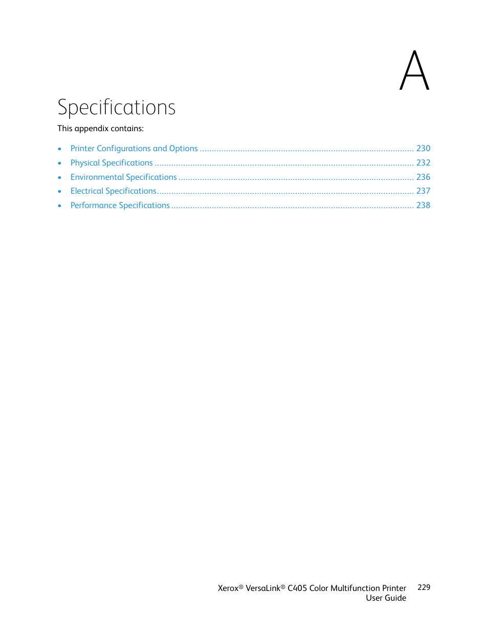 A specifications, Specifications | Xerox VersaLink C405/DN All-in-One Color Laser Printer User Manual | Page 229 / 271