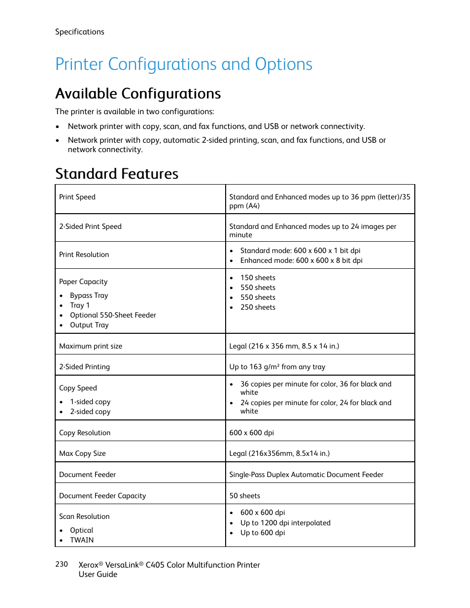 Printer configurations and options, Available configurations, Standard features | Available configurations standard features, Printer, Configurations and options, Aavvaaiillaabbllee c coonnffiigguurraattiioonnss, Ssttaannddaarrdd ffeeaattuurreess | Xerox VersaLink C405/DN All-in-One Color Laser Printer User Manual | Page 230 / 271
