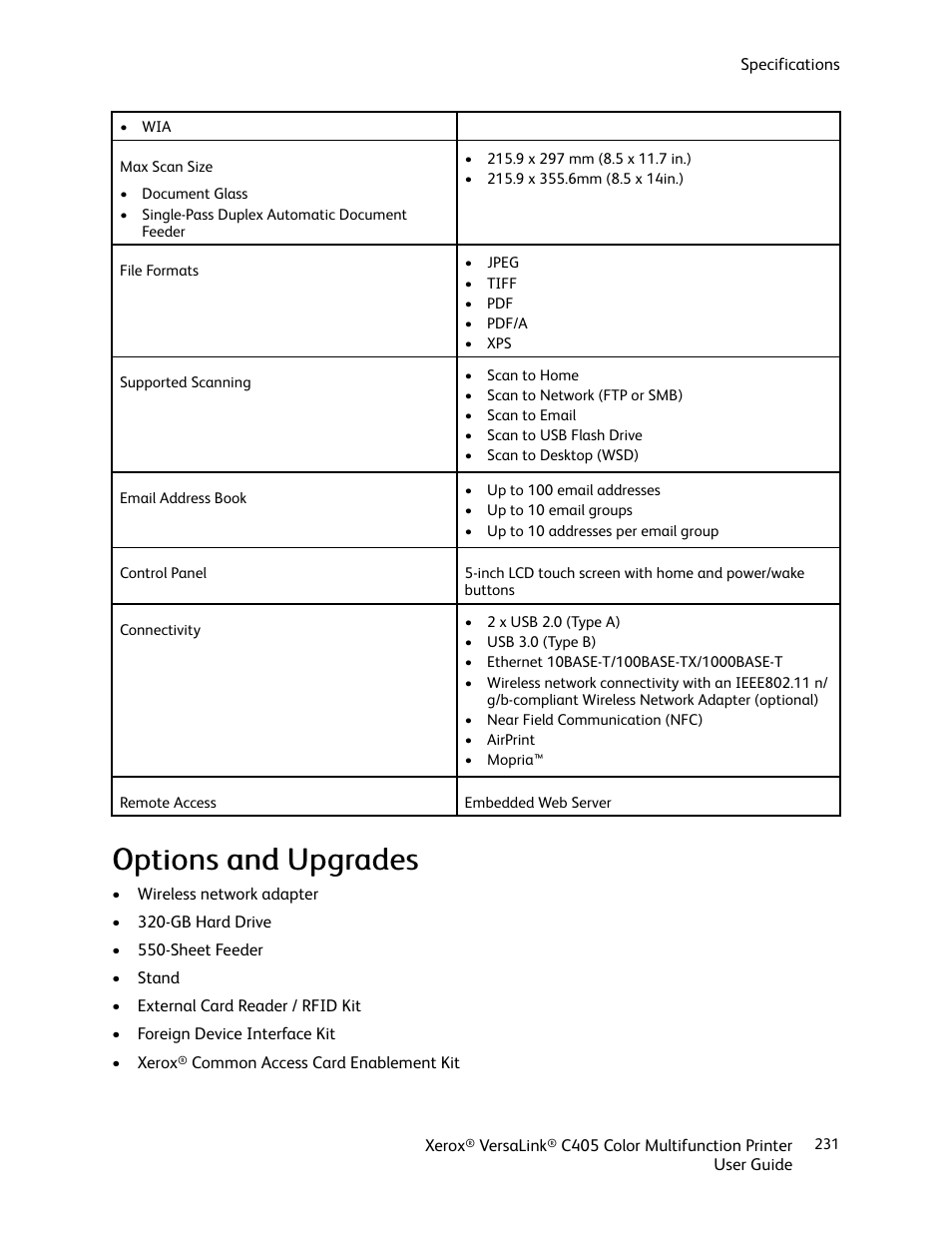 Options and upgrades, Ooppttiioonnss aanndd u uppggrraaddeess | Xerox VersaLink C405/DN All-in-One Color Laser Printer User Manual | Page 231 / 271