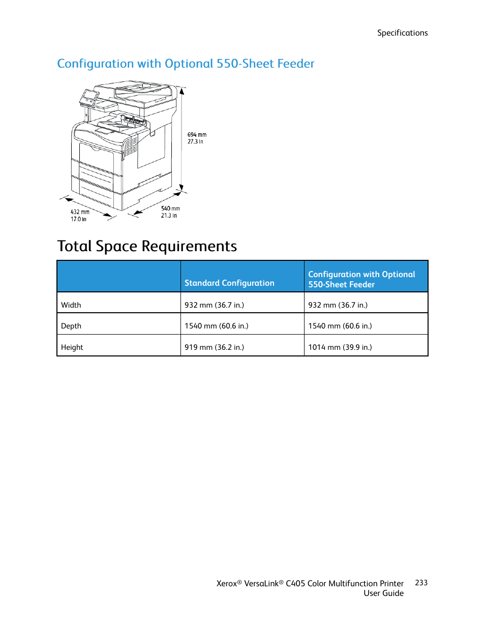 Configuration with optional 550-sheet feeder, Total space requirements, Ttoottaall ssppaaccee rreeqquuiirreem meennttss | Xerox VersaLink C405/DN All-in-One Color Laser Printer User Manual | Page 233 / 271