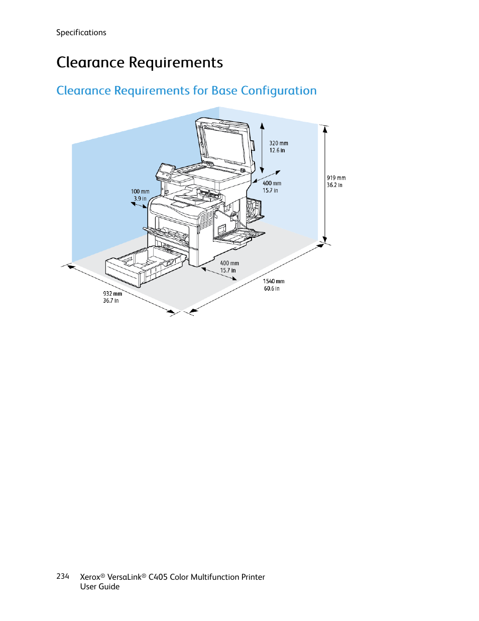 Clearance requirements, Clearance requirements for base configuration, Cclleeaarraannccee rreeqquuiirreem meennttss | Xerox VersaLink C405/DN All-in-One Color Laser Printer User Manual | Page 234 / 271