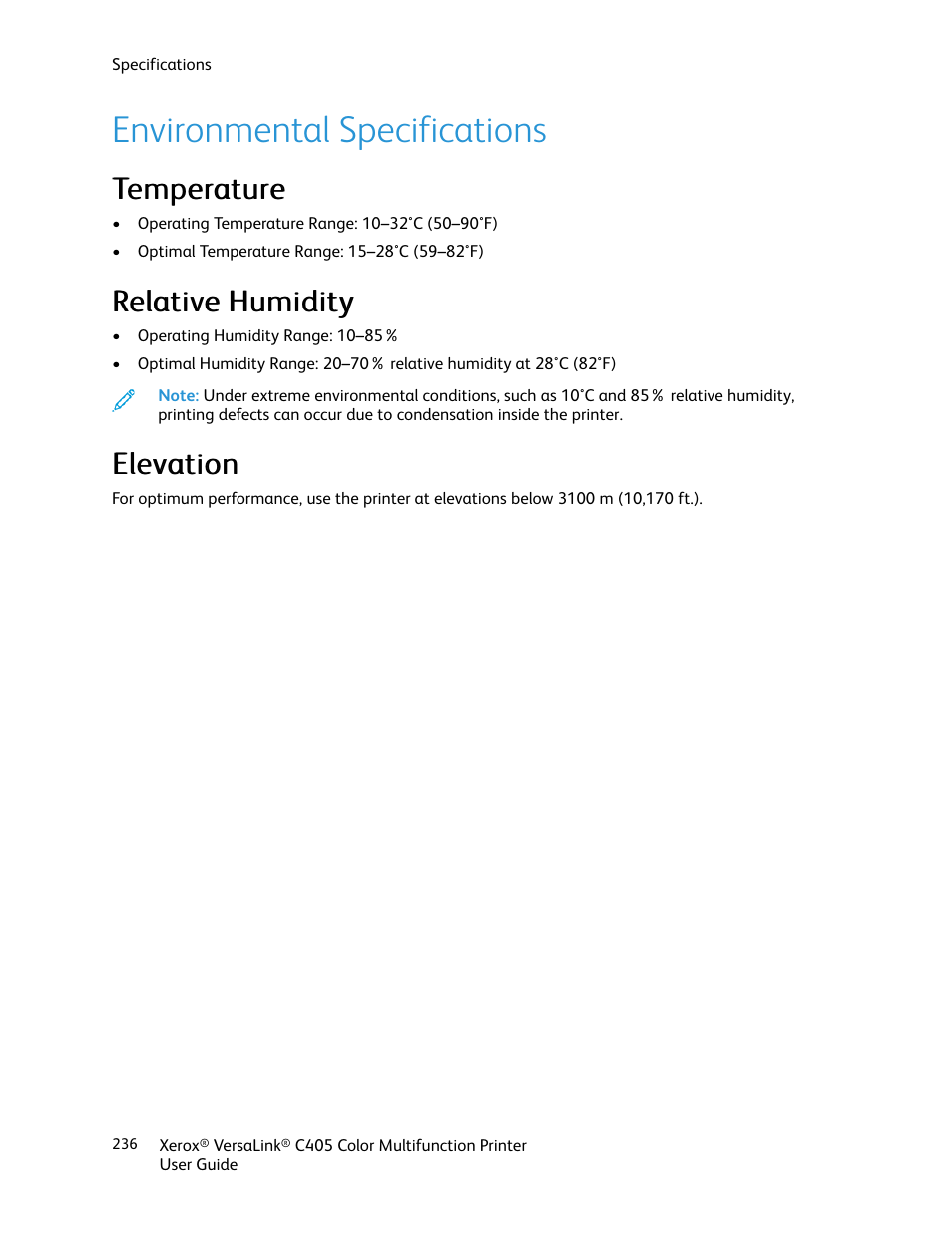 Environmental specifications, Temperature, Relative humidity | Elevation, Temperature relative humidity elevation, Tteem mppeerraattuurree, Rreellaattiivvee h huum miiddiittyy, Eelleevvaattiioonn | Xerox VersaLink C405/DN All-in-One Color Laser Printer User Manual | Page 236 / 271