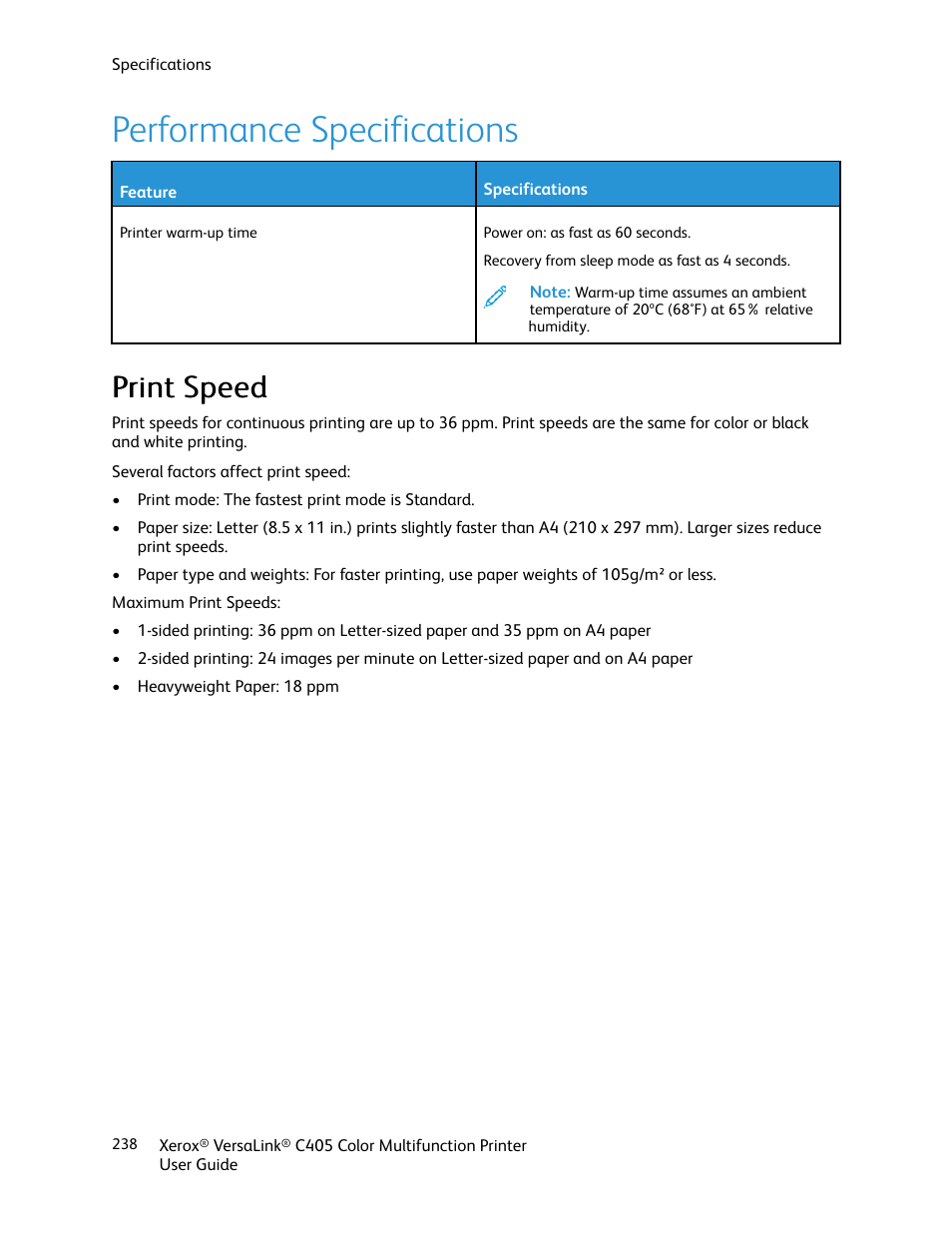 Performance specifications, Print speed | Xerox VersaLink C405/DN All-in-One Color Laser Printer User Manual | Page 238 / 271