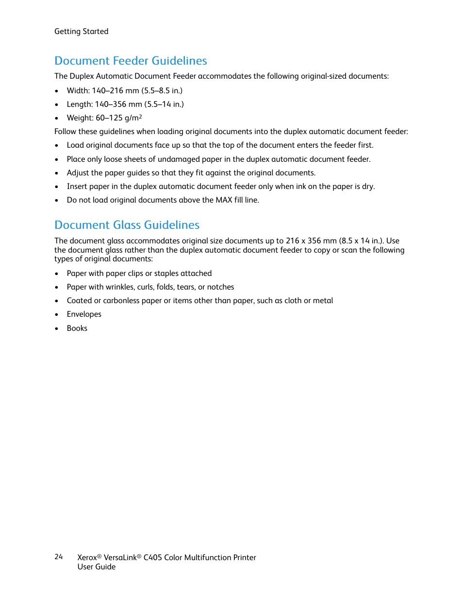 Document feeder guidelines, Document glass guidelines | Xerox VersaLink C405/DN All-in-One Color Laser Printer User Manual | Page 24 / 271