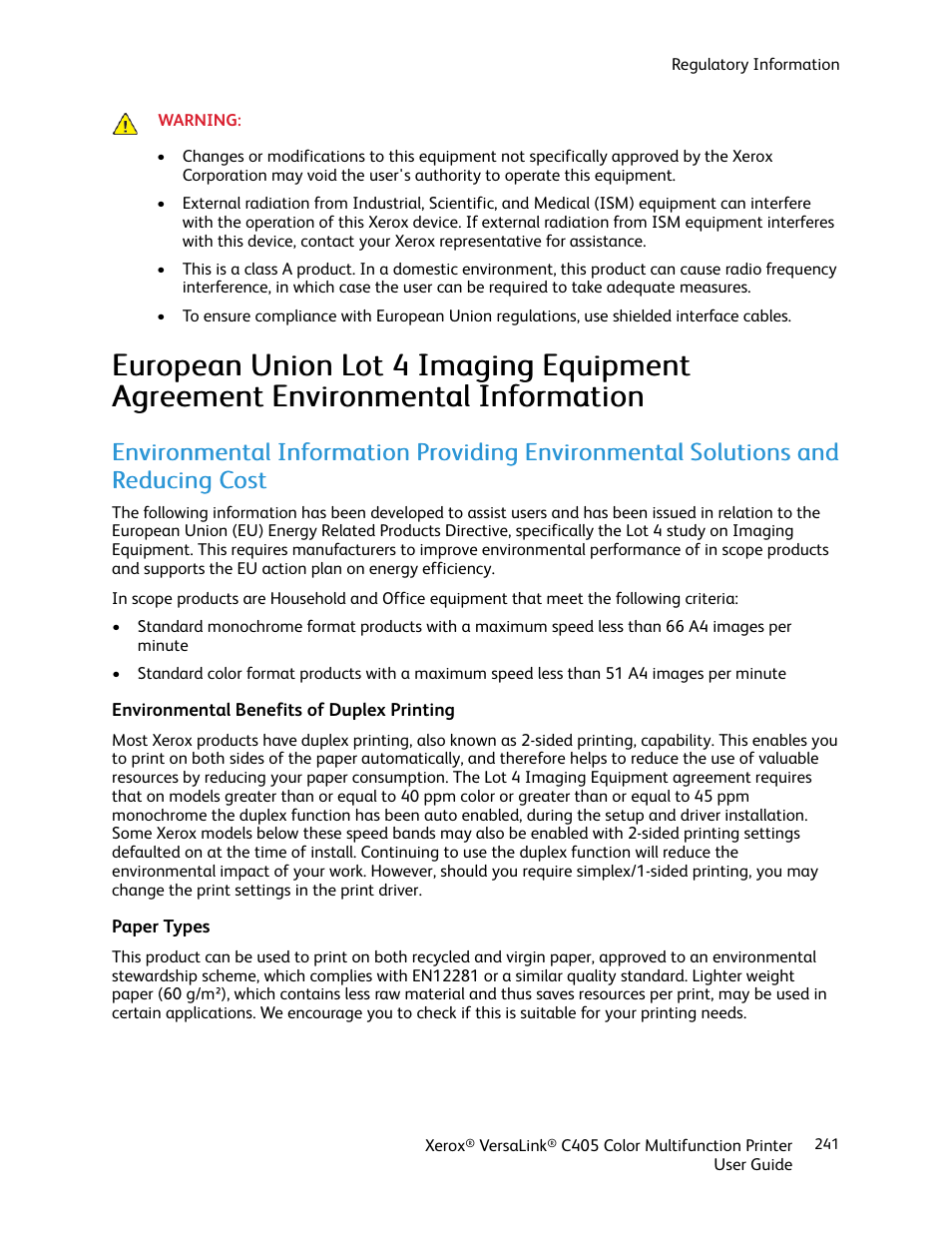 Environmental benefits of duplex printing, Paper types | Xerox VersaLink C405/DN All-in-One Color Laser Printer User Manual | Page 241 / 271