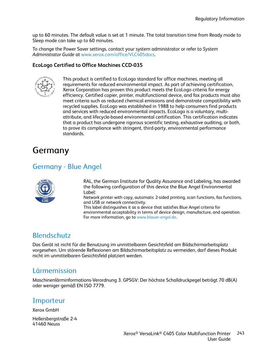 Ecologo certified to office machines ccd-035, Germany, Germany - blue angel | Blendschutz, Lärmemission, Importeur, Ggeerrm maannyy, Ggeerrm maannyy -- b blluuee a annggeell, Bblleennddsscchhuuttzz, Iim mppoorrtteeuurr | Xerox VersaLink C405/DN All-in-One Color Laser Printer User Manual | Page 243 / 271