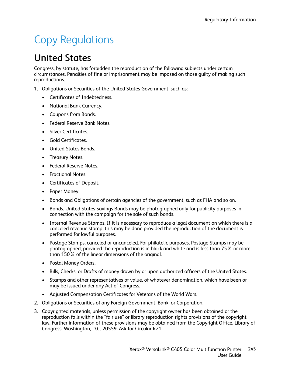 Copy regulations, United states, Uunniitteedd ssttaatteess | Xerox VersaLink C405/DN All-in-One Color Laser Printer User Manual | Page 245 / 271